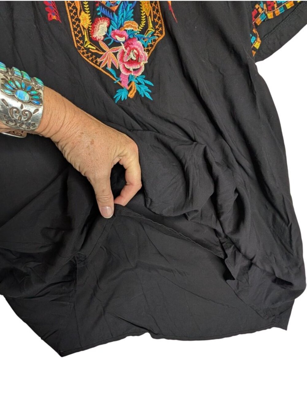 Boho Embroidered Black Mini Dress V Neck Short Sleeve Floral Casual Peasant XL S - Picture 7 of 13